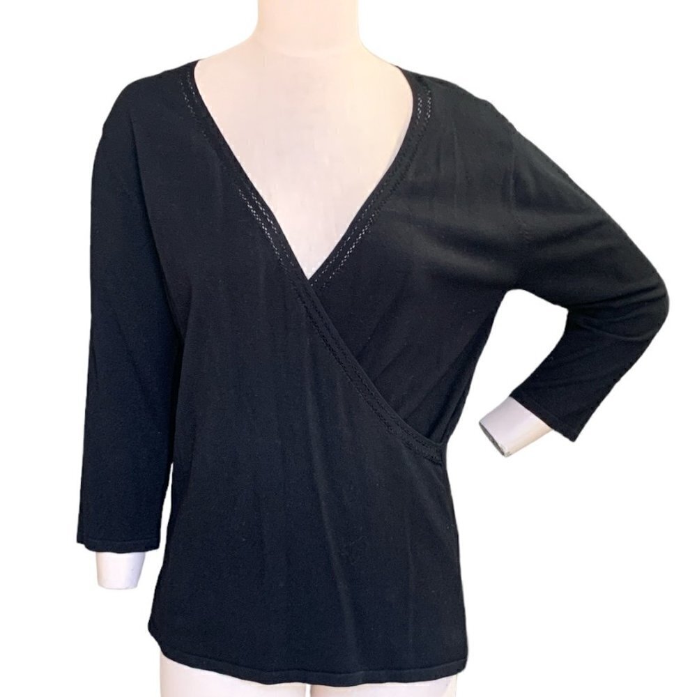 Coldwater Creek Faux Wrap Silk Blend Top Lace Trim Neckline S Black 140F‎